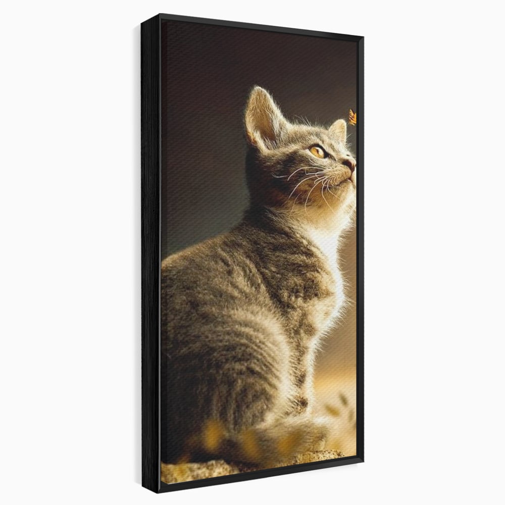 Tablou canvas cu tablou canvas cu pisica si fluture, in rama de aluminiu negru